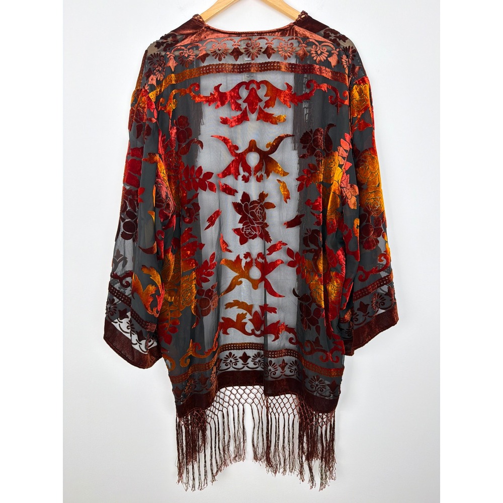Chico's Velvet Burnout Kimono L/XL Red Black Fringed Boho Whimsigoth Witchy